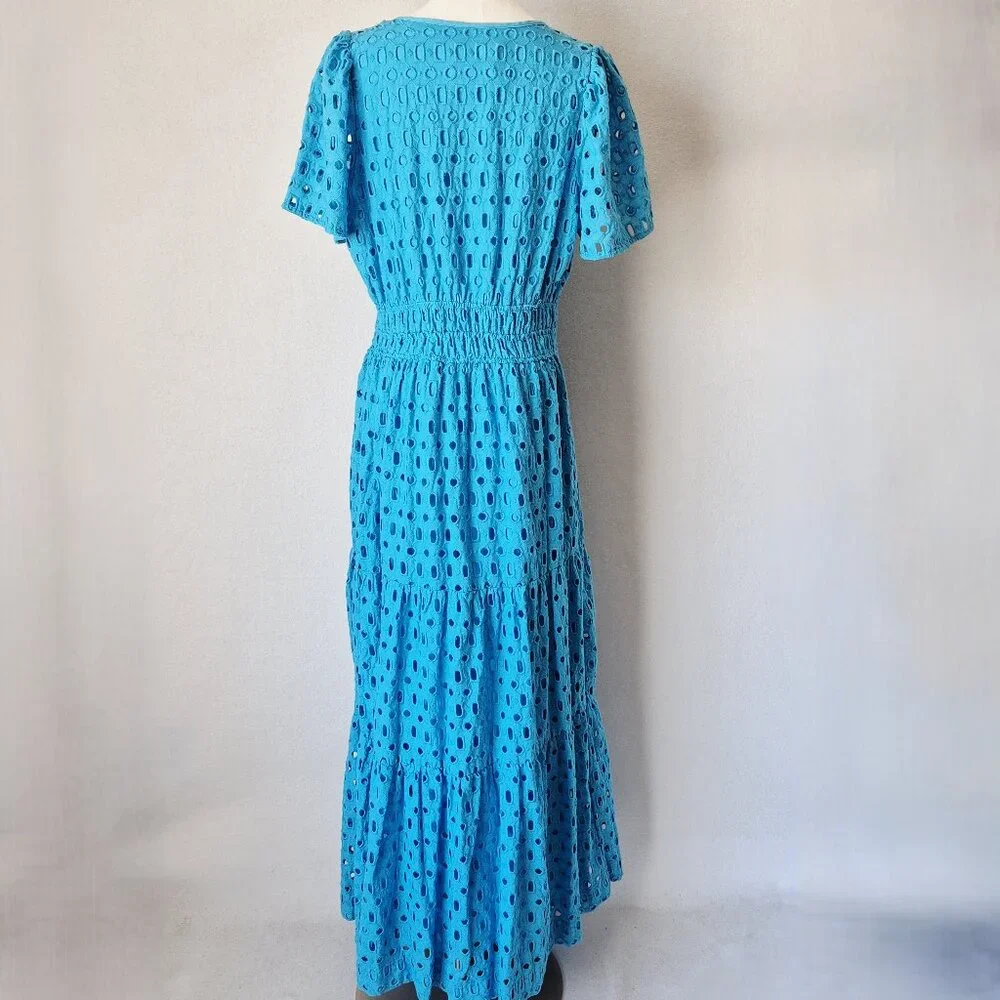 EUC Anthropologie Somerset Eyelet Edition Maxi Dress Short Sleeve Pocket Blue - Picture 9 of 16